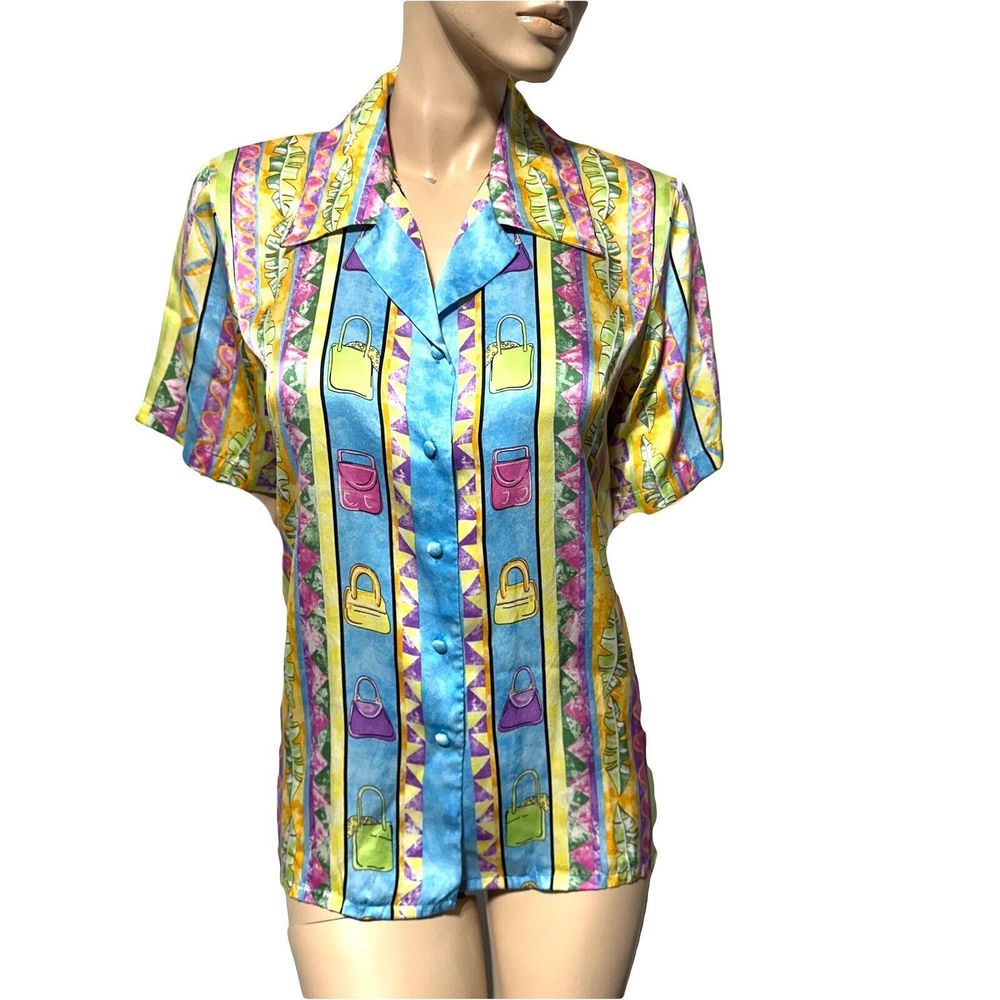 Corey B. New York Womens Size M Button 100% Silk Hawaiian Shirt Tiki Purse Print
